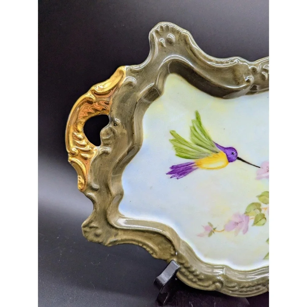Vintage Hand Painted Porcelain Dresser Vanity Tray Hummingbird Flower‎ 12.5